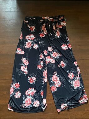 Black Wide Leg Floral Pants with Pink Roses